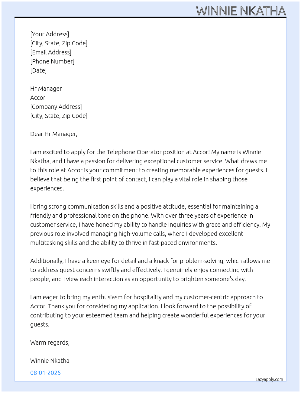 Telephone operator At Accor Cover Letter