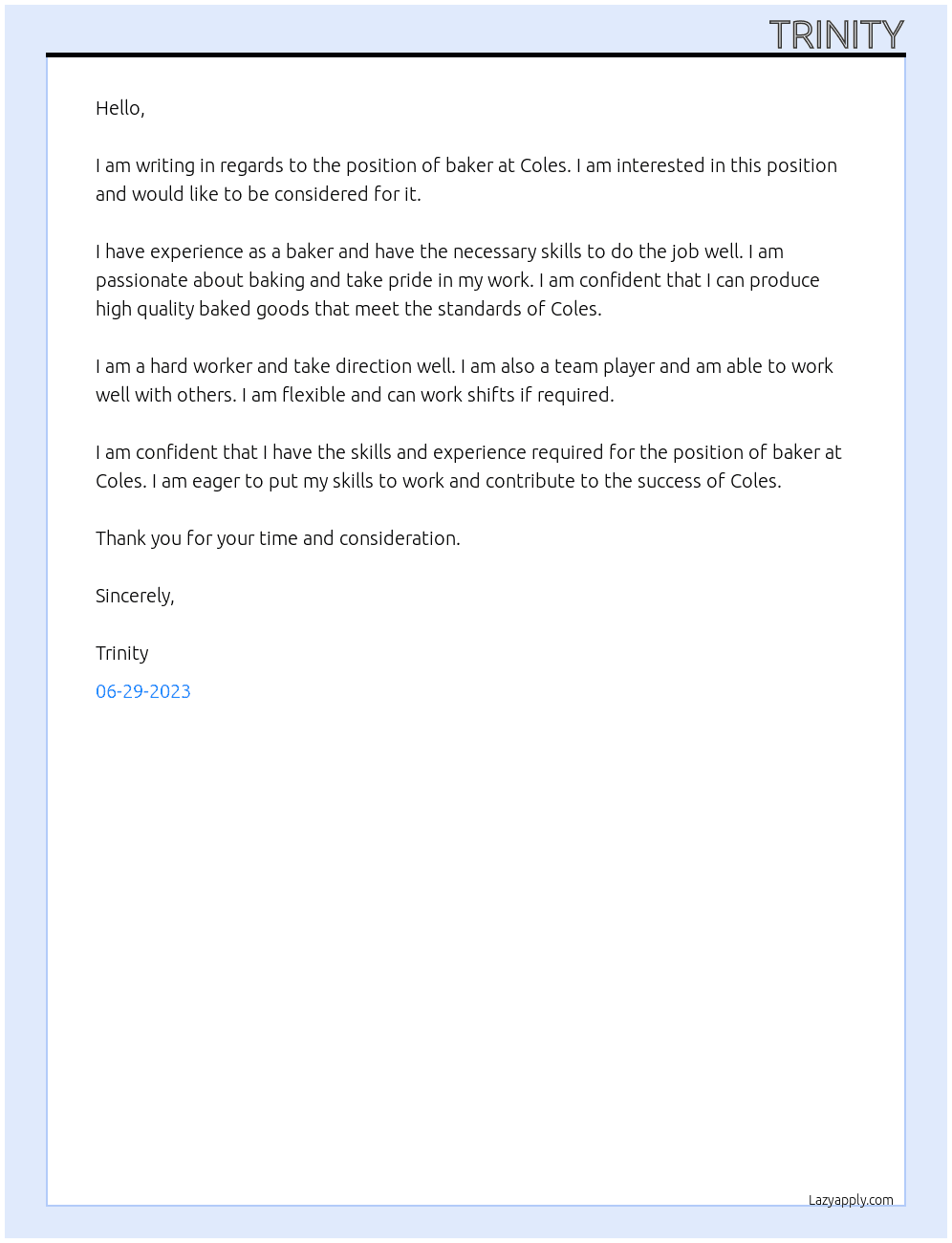 baker At coles Cover Letter