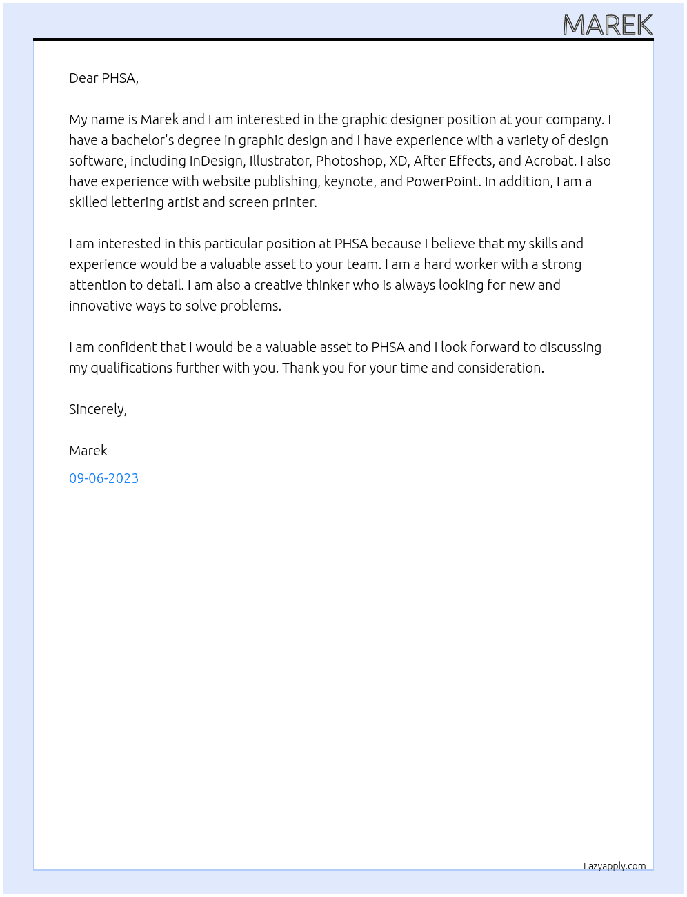 Graphic designer At PHSA Cover Letter