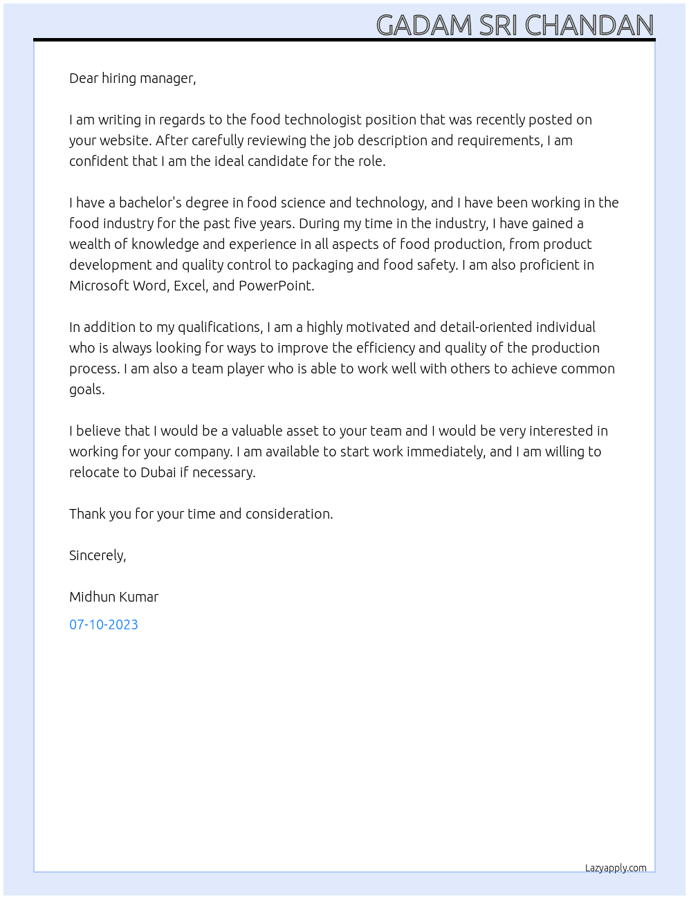 food technologist  At MODELEZ Cover Letter