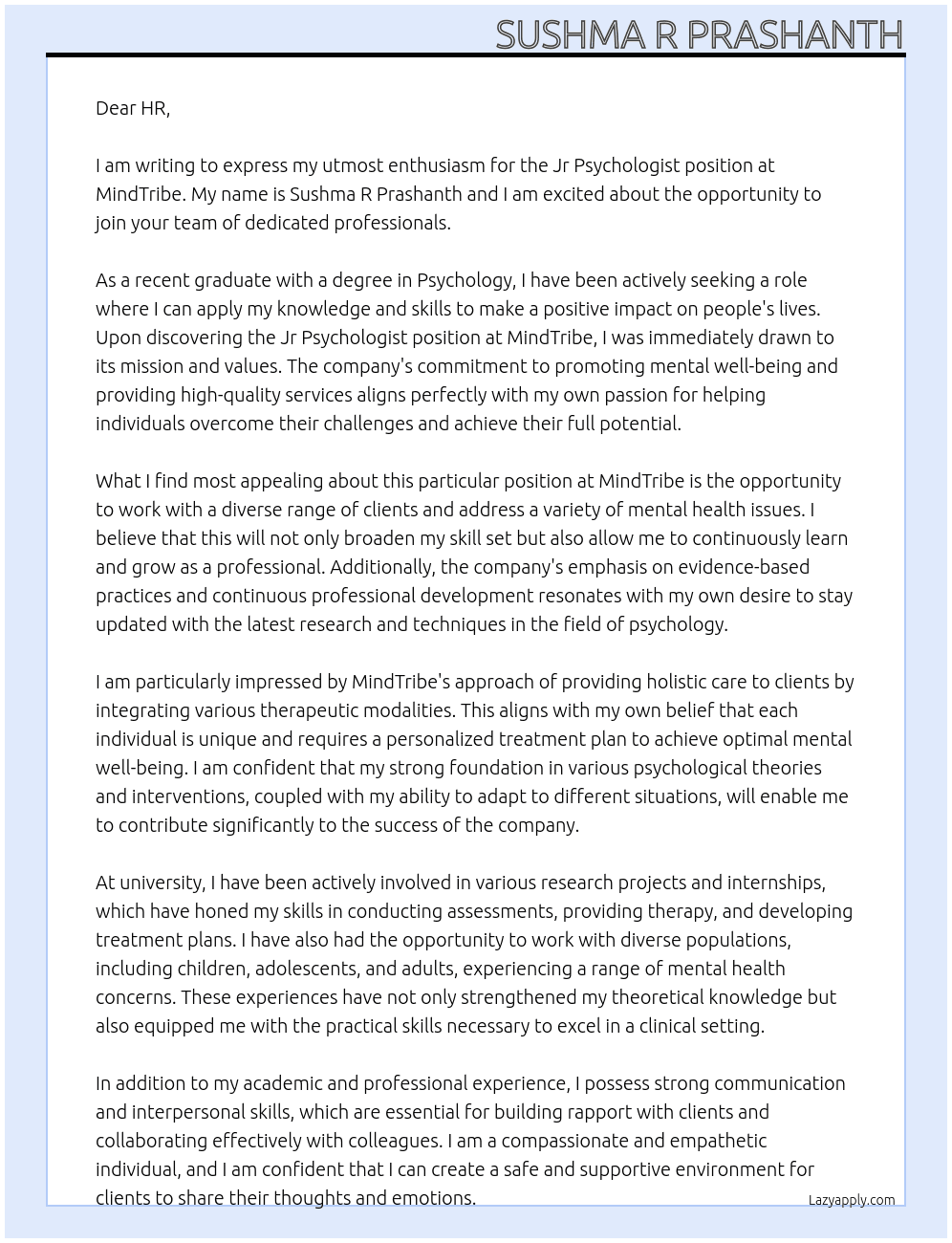 Jr Psychologist At MindTribe Cover Letter