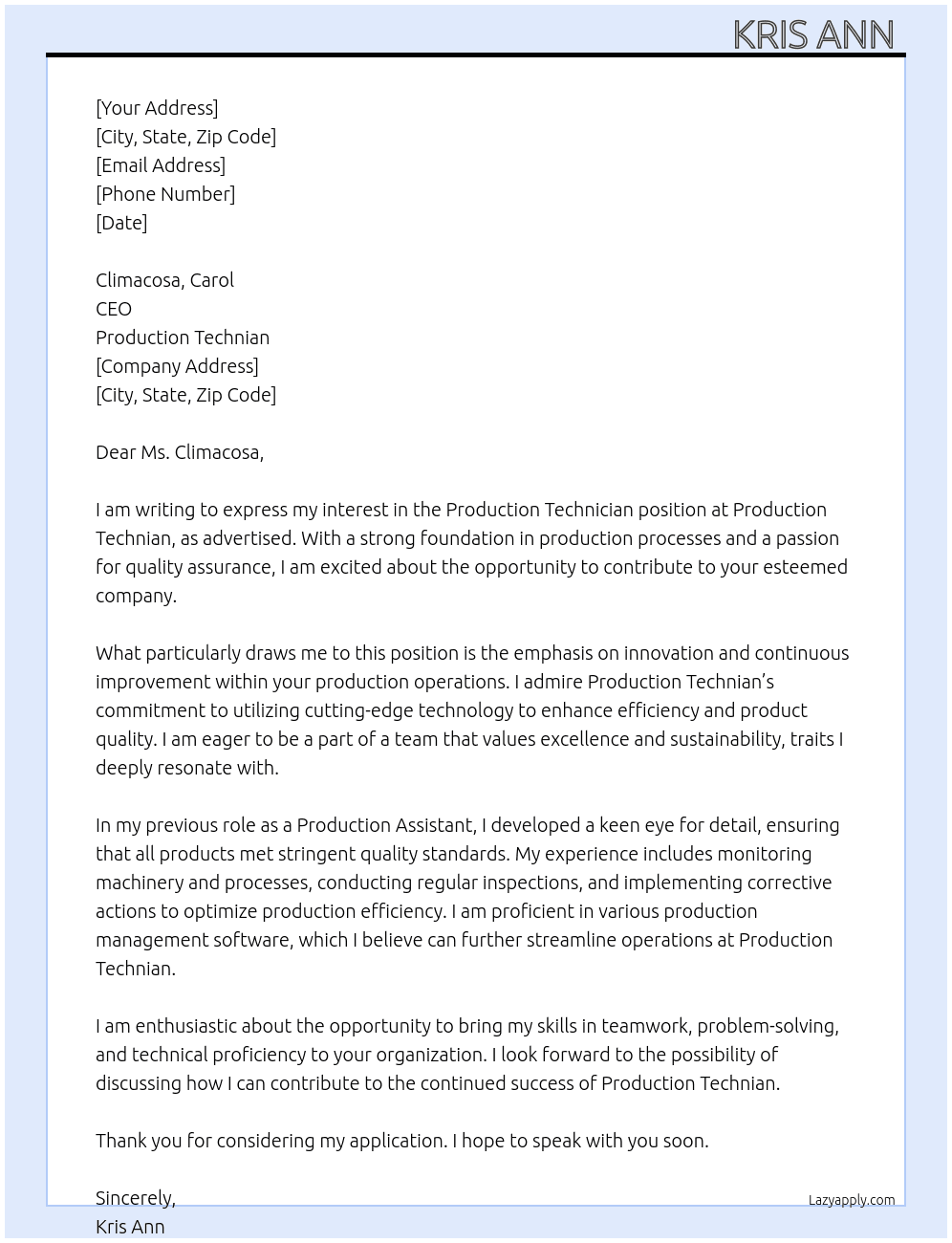 Production Technian  At Production Technian  Cover Letter