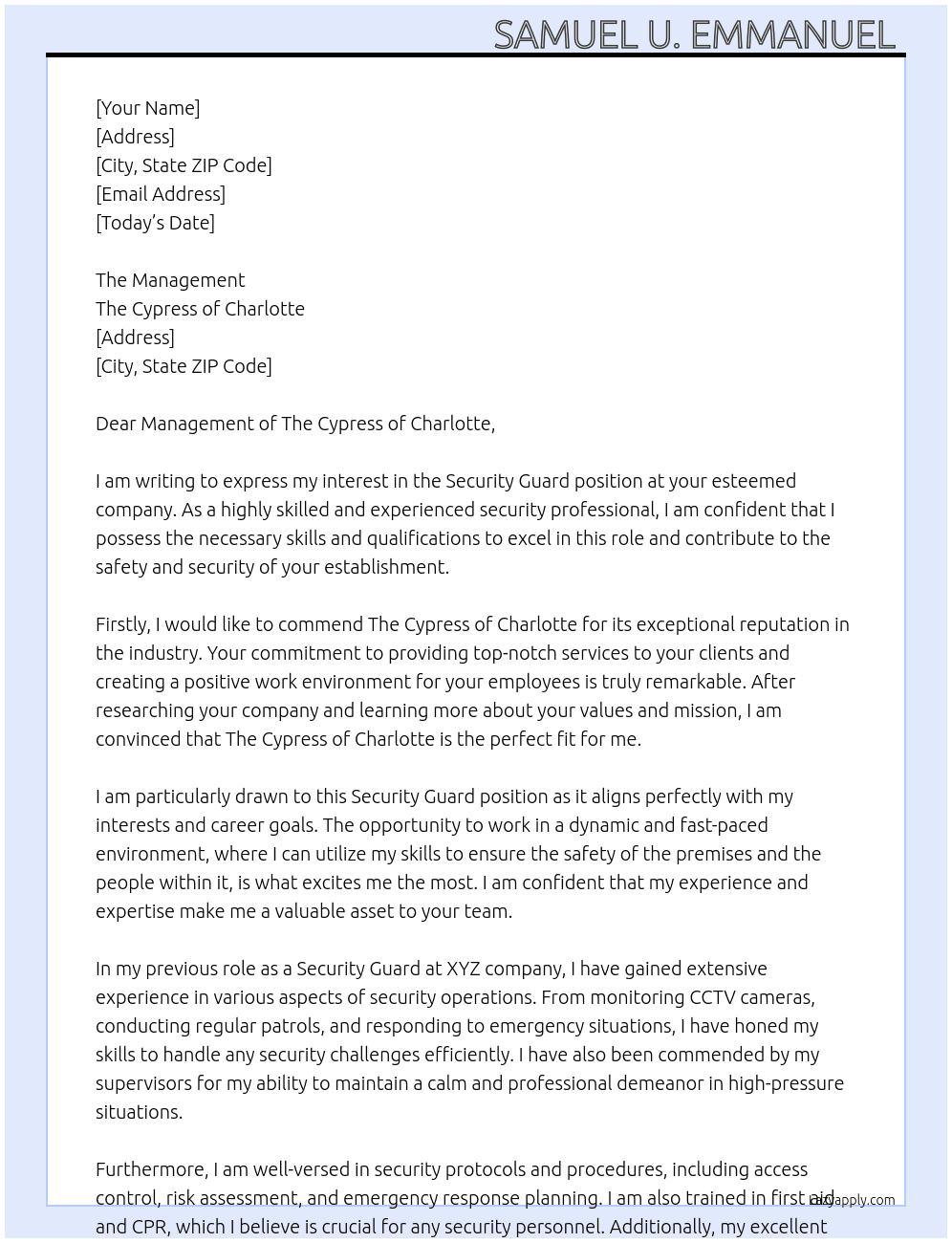 Security Guard  At The Cypress of Charlotte  Cover Letter