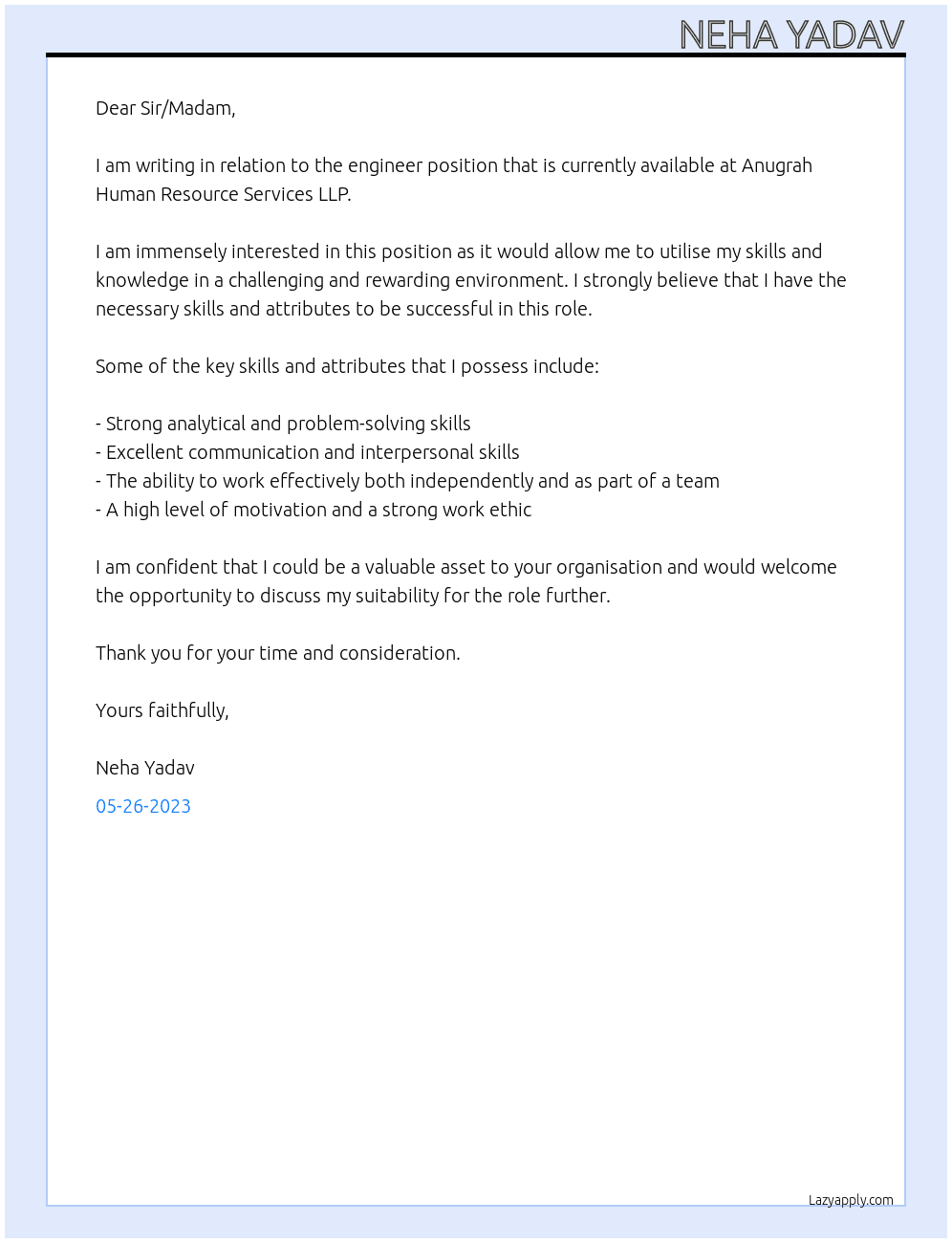 engineers At anugrah human resource seervices llp Cover Letter