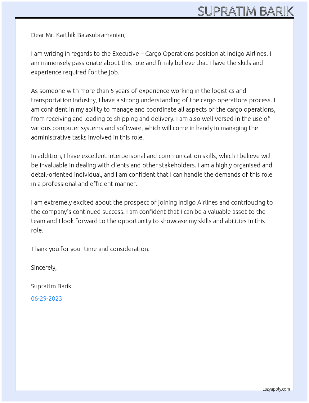 Executive - Cargo Operation At Indigo Airlines Cover Letter