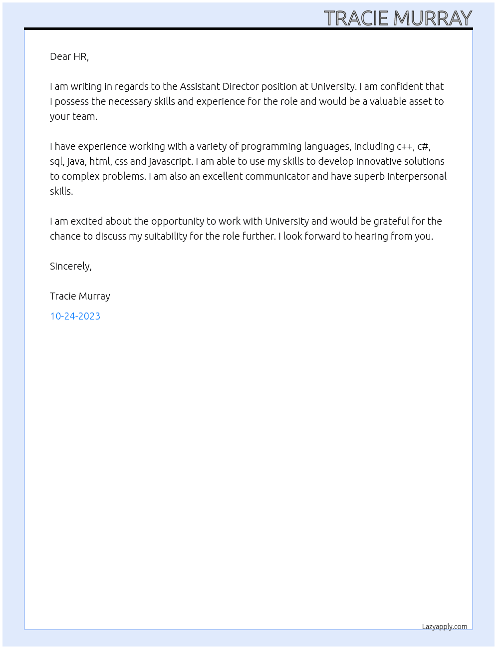 Assistant Director At University Cover Letter