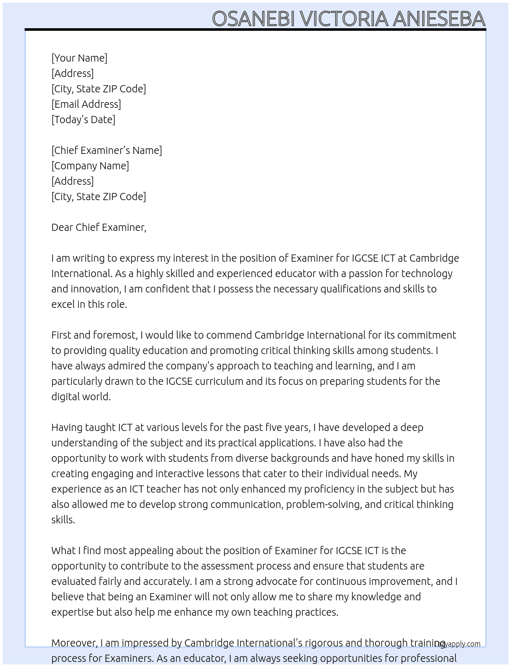 Examiner for IGCSE ICT At Cambridge International Cover Letter