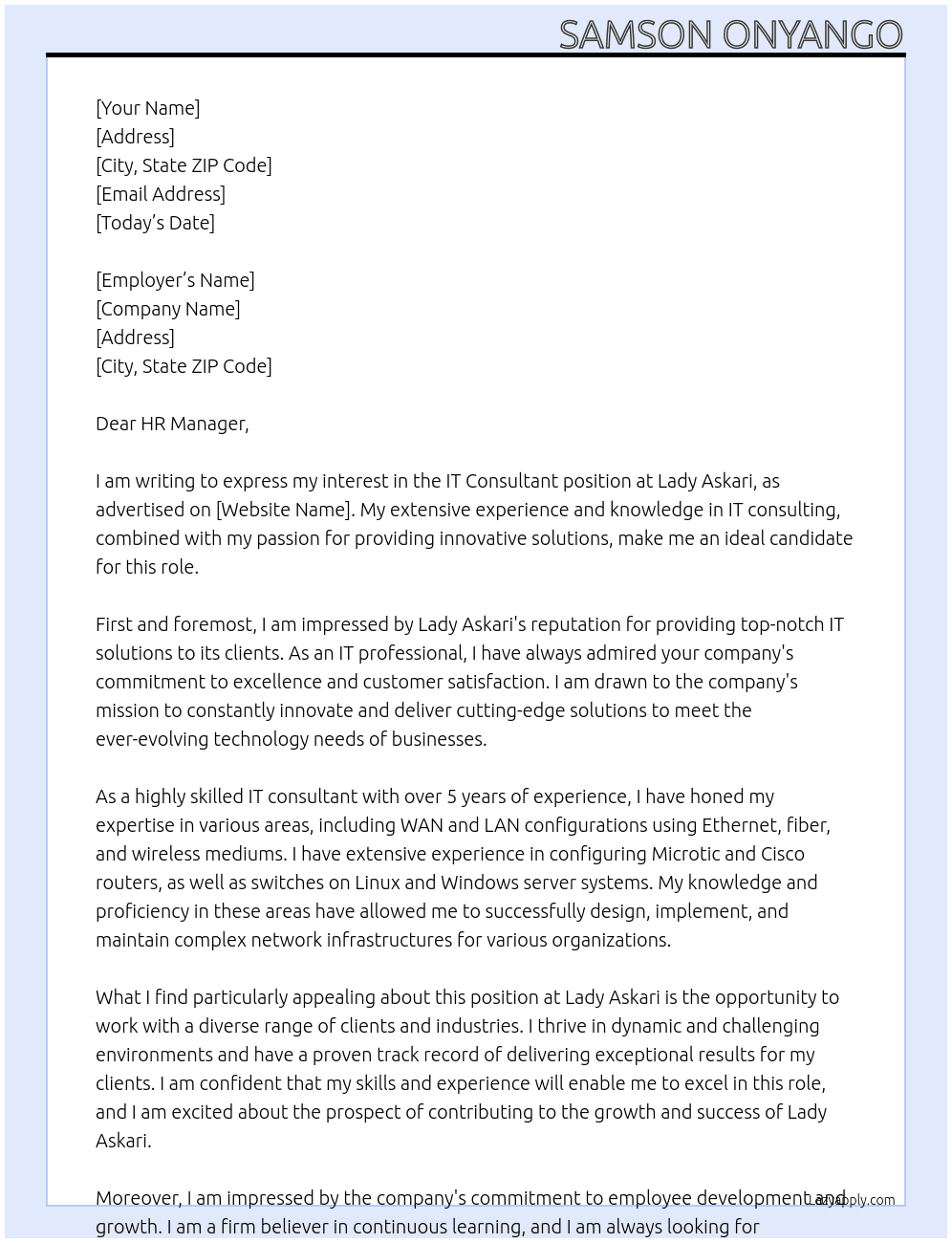 IT consultant At Lady Askari Cover Letter