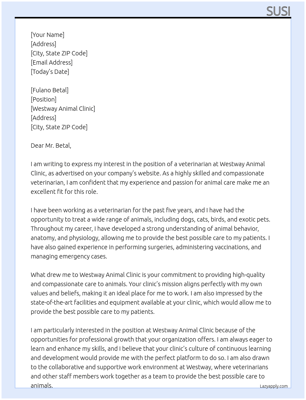 veterinarian At Westway Animal Clinic Cover Letter