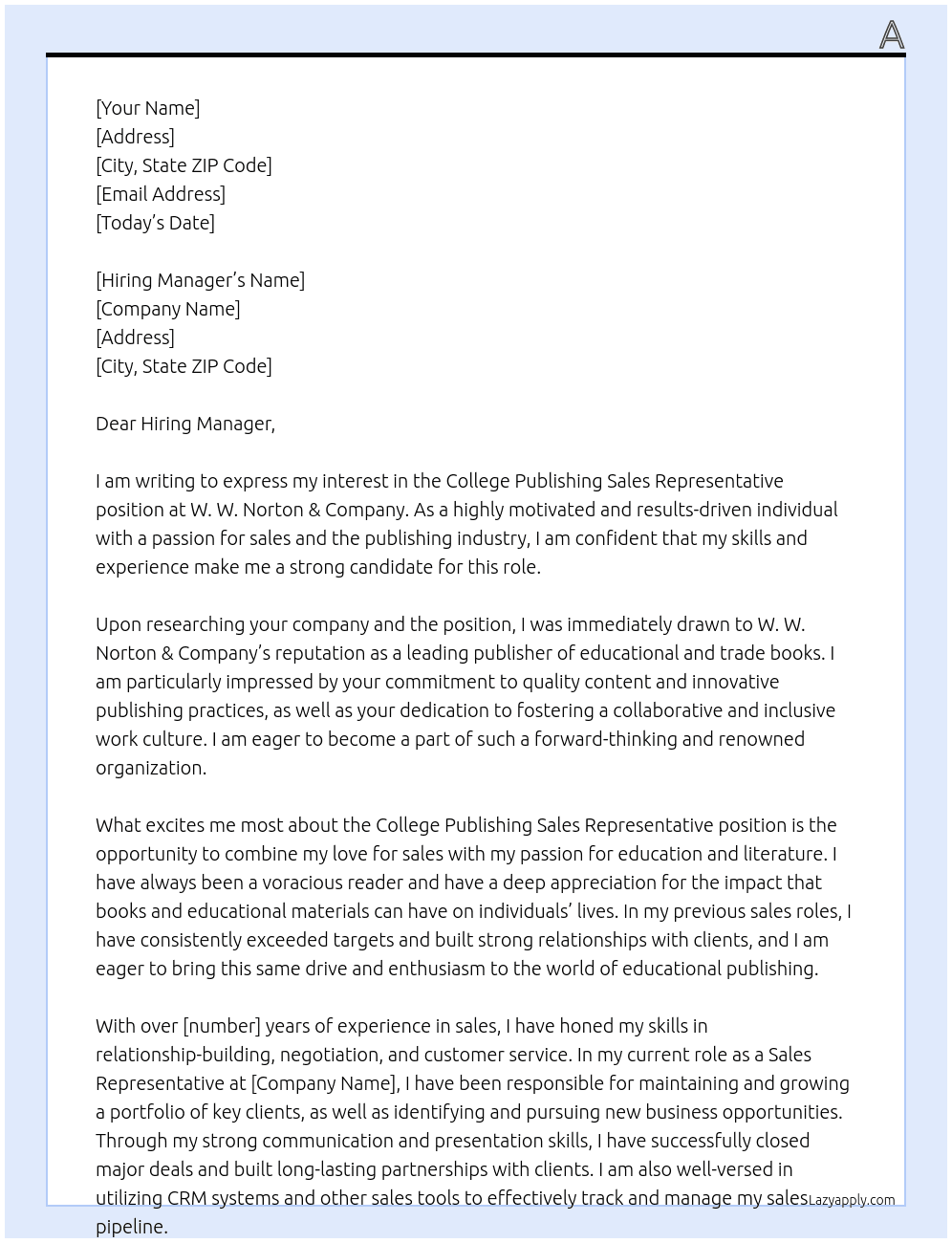 College Publishing Sales Representative At W. W. Norton & Company Cover Letter