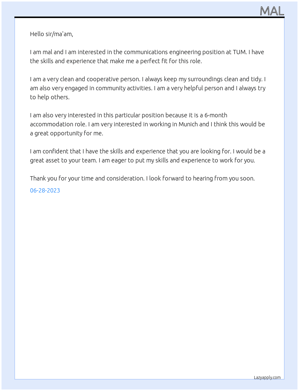 communications engineering At TUM Cover Letter