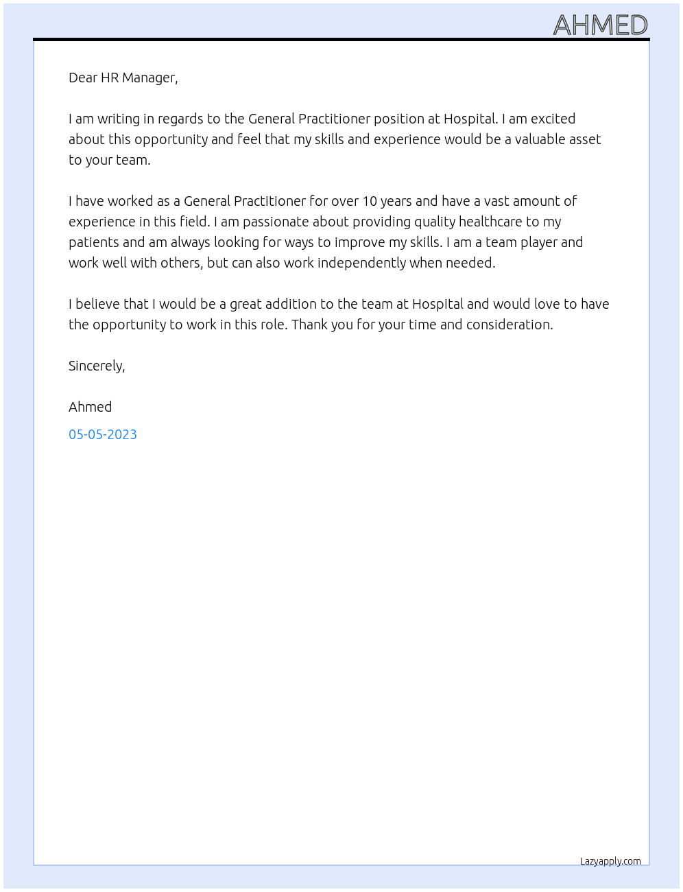 General Practitioner  At Hospital Cover Letter
