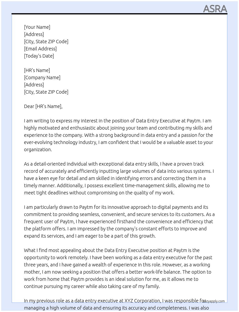 Data entry executive  At Paytm Cover Letter