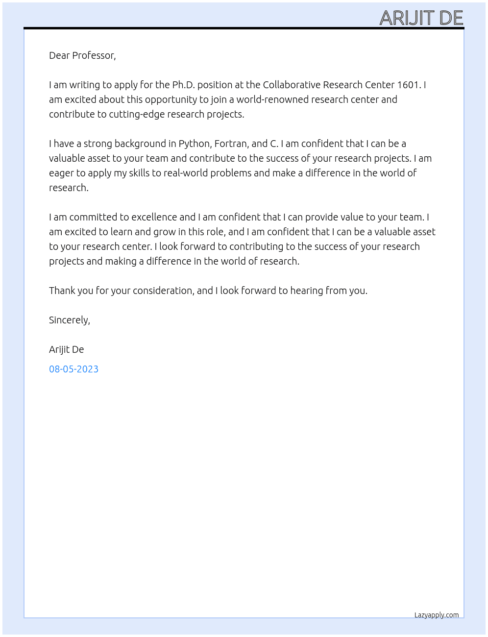 Ph.D Position At Collaborative Research Center 1601 Cover Letter
