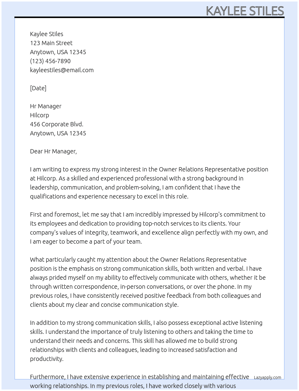 Owner Relations Representative At Hilcorp Cover Letter