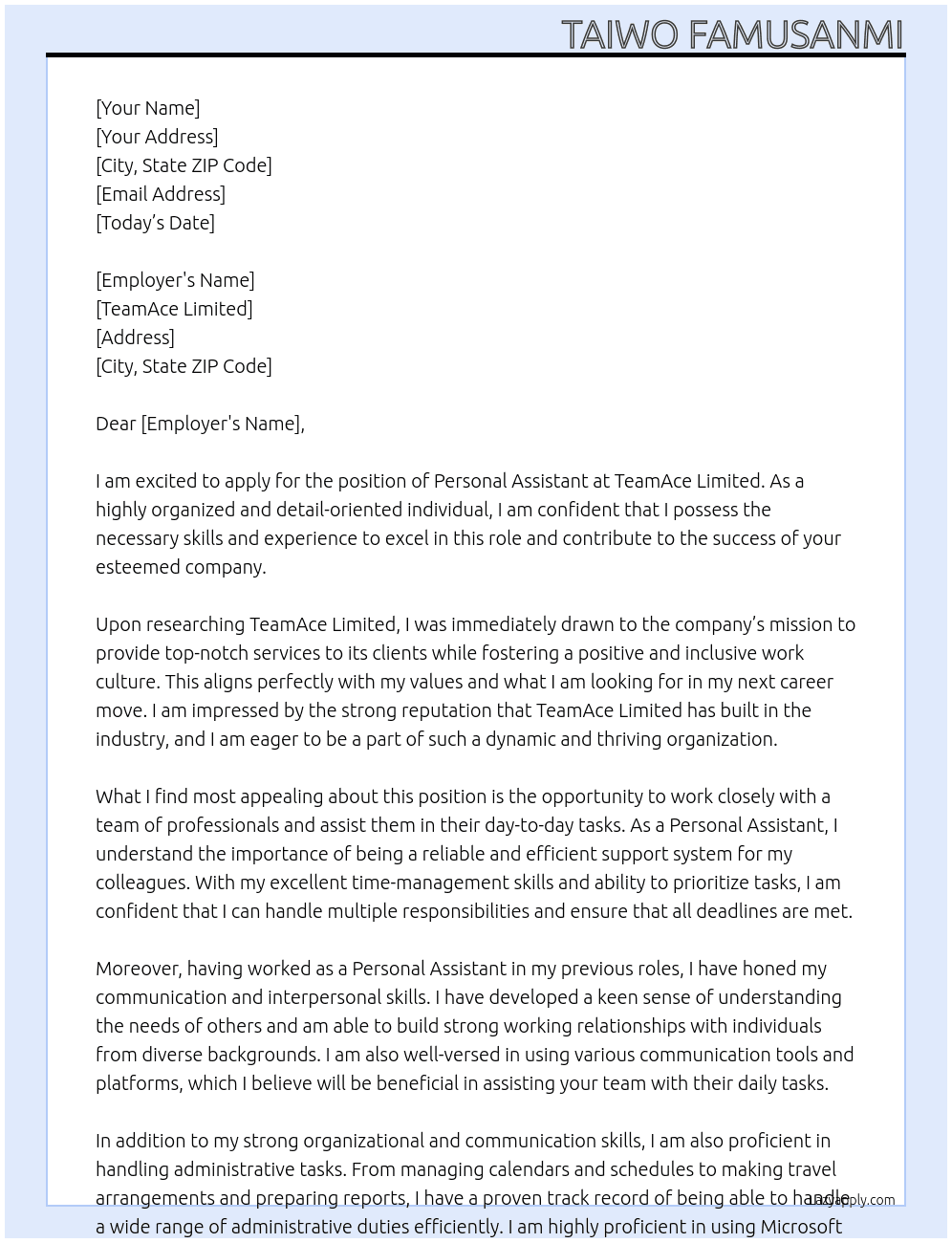 Personal Assistant At TeamAce Limited Cover Letter