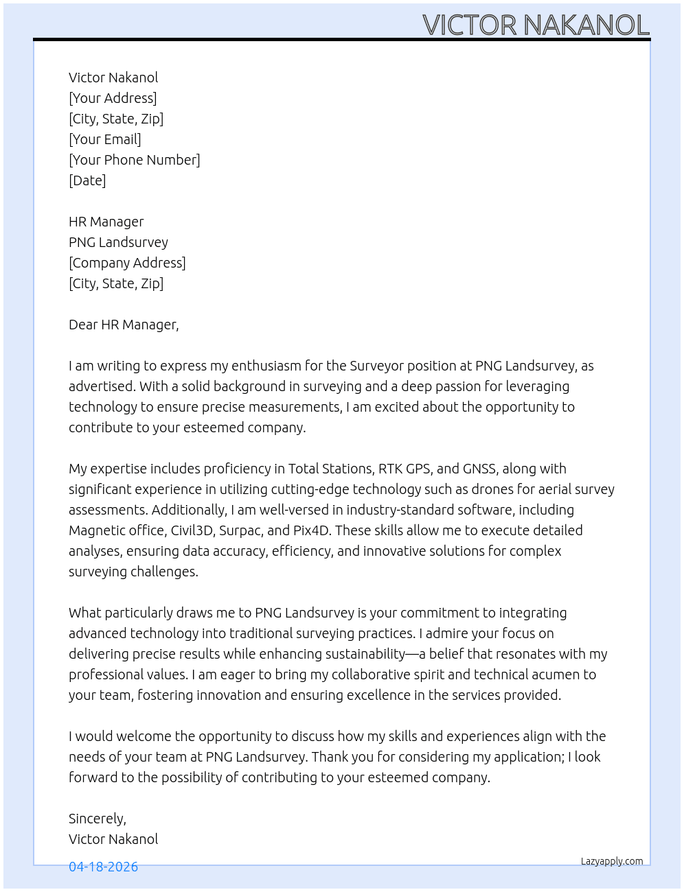 Surveyor  At PNG Landsurvey Cover Letter