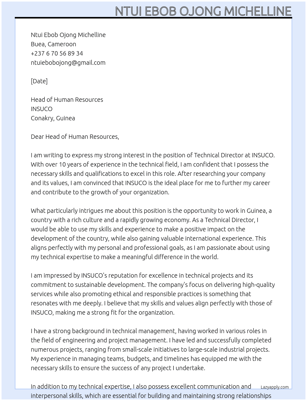 Technical Director Guinea At INSUCO Cover Letter