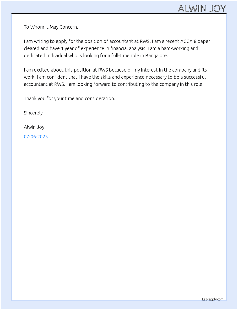 Accountant  At RWS Cover Letter