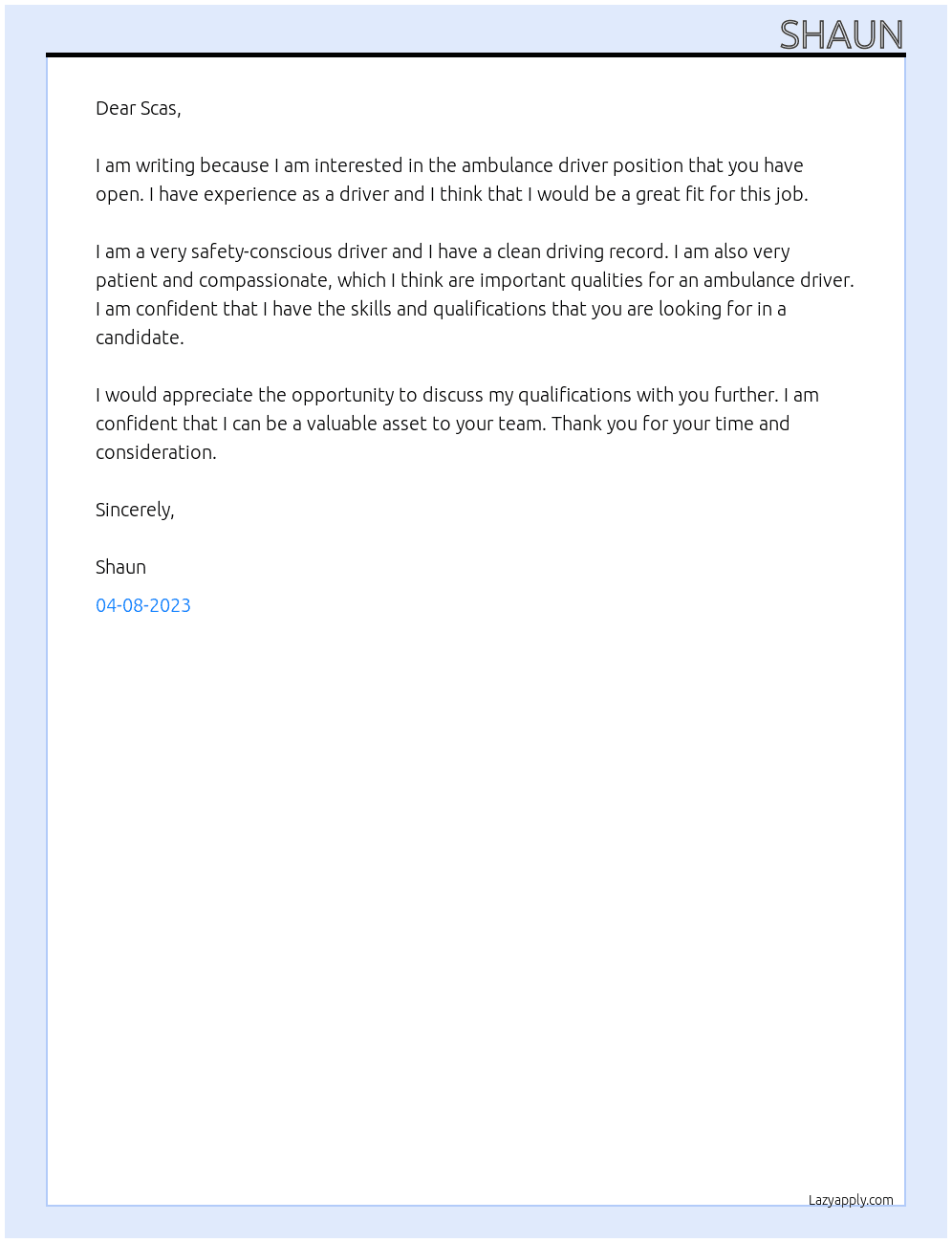 Ambulance driver  At Scas Cover Letter