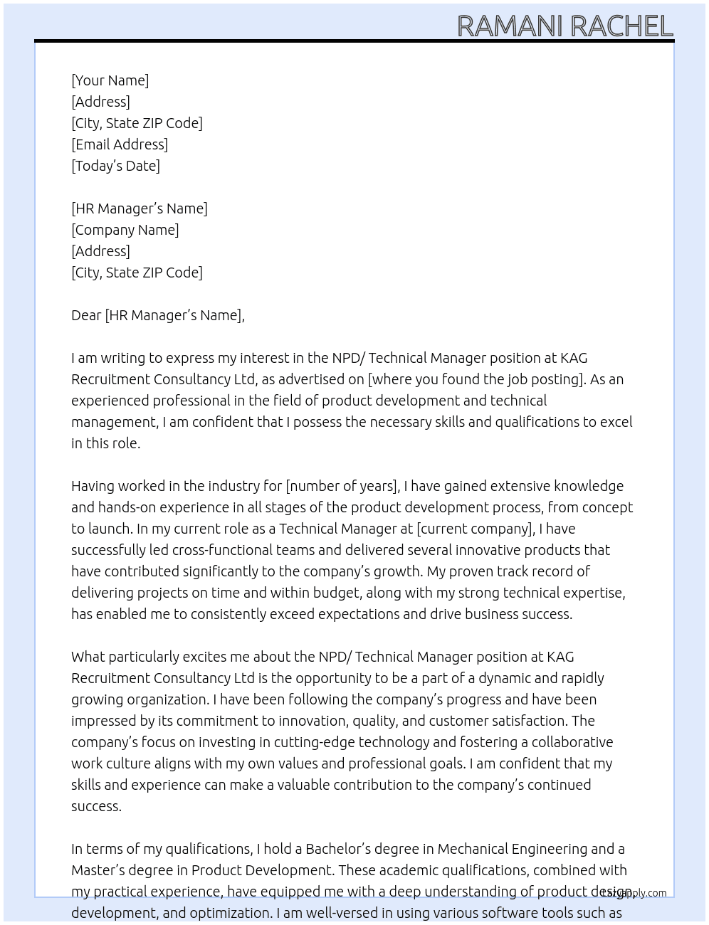 NPD/ Technical manager At KAG Recruitment Consultancy Ltd Cover Letter