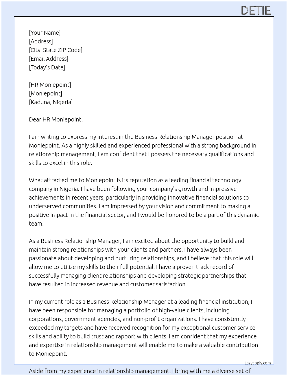 Business Relationship manager  At Moniepoint  Cover Letter