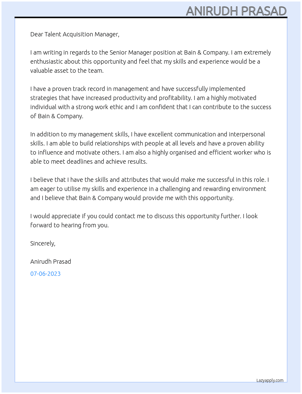 Senior Manager At Bain & Company Cover Letter