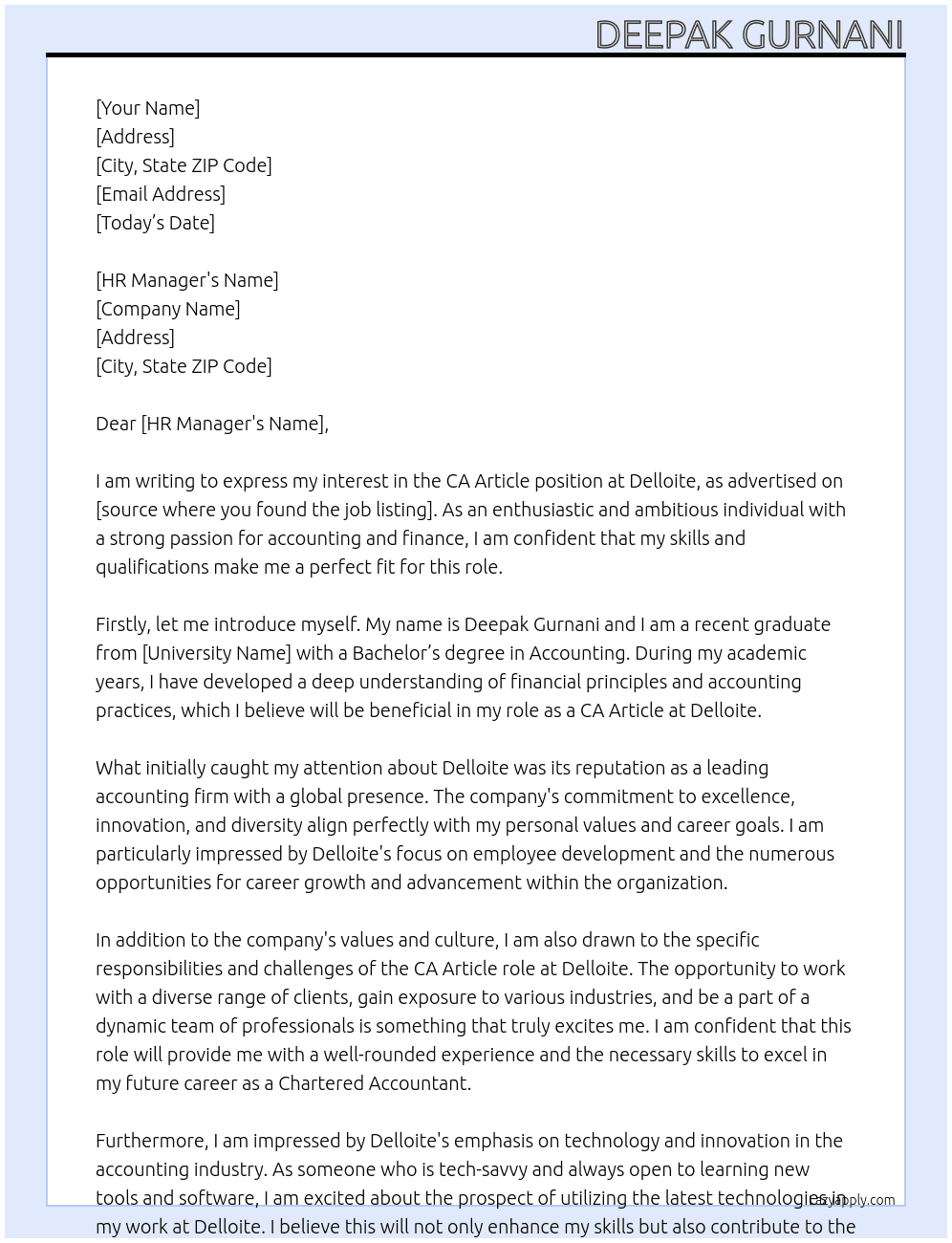 CA Article At Delloite Cover Letter