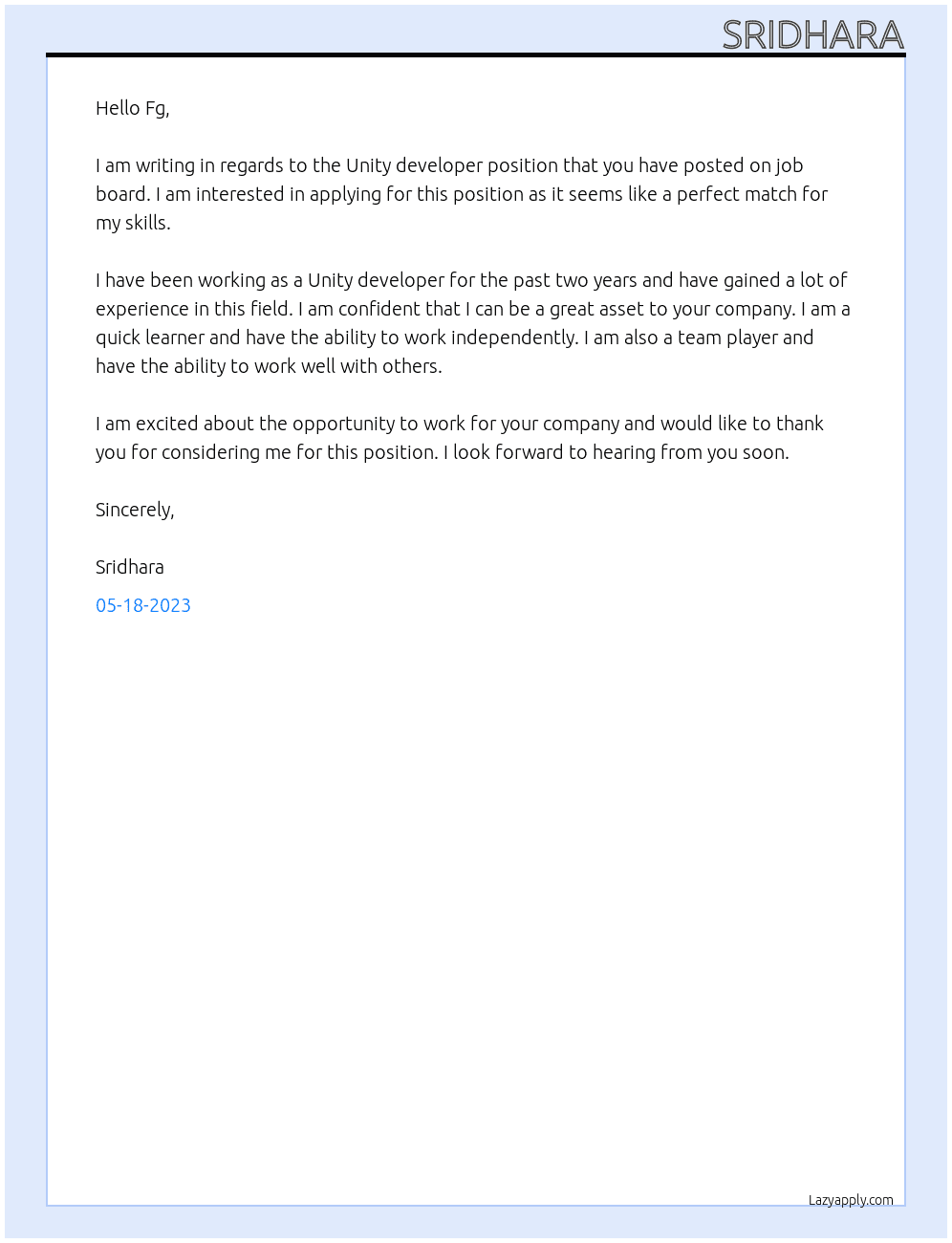 Unity developer  At Df Cover Letter