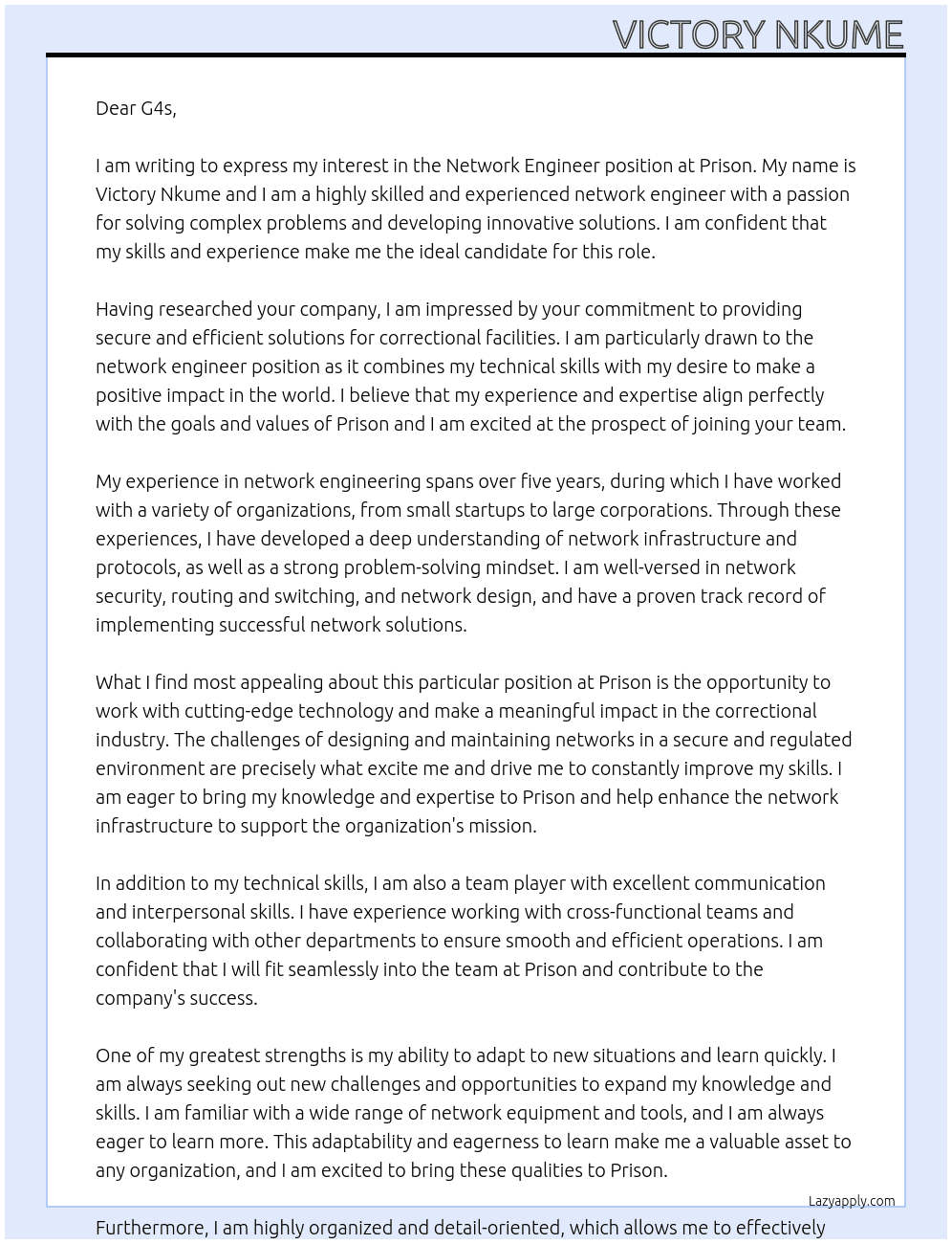 Network engineer  At Prison Cover Letter