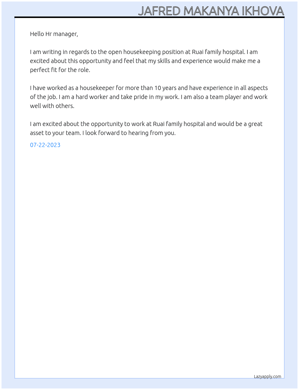 House keeping At Ruai family hospital Cover Letter