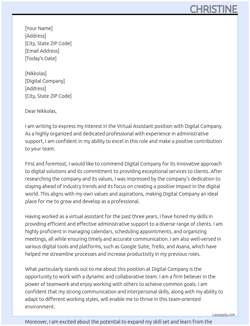 virtual assistant At digital company  Cover Letter