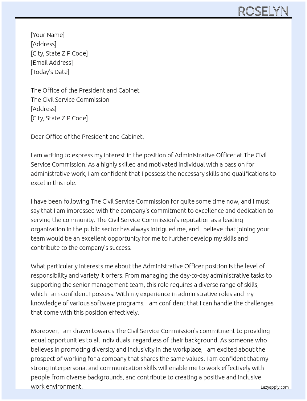 Administrative officer  At The Civil Service Commission  Cover Letter