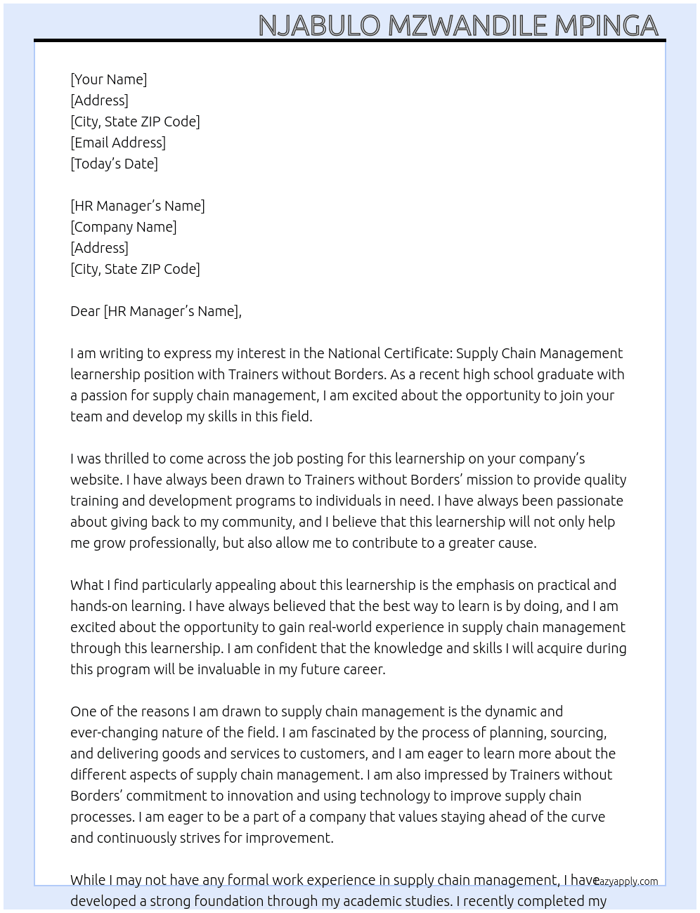 National Certificate: Supply Chain Management learnership with matric only At Trainers without border Cover Letter