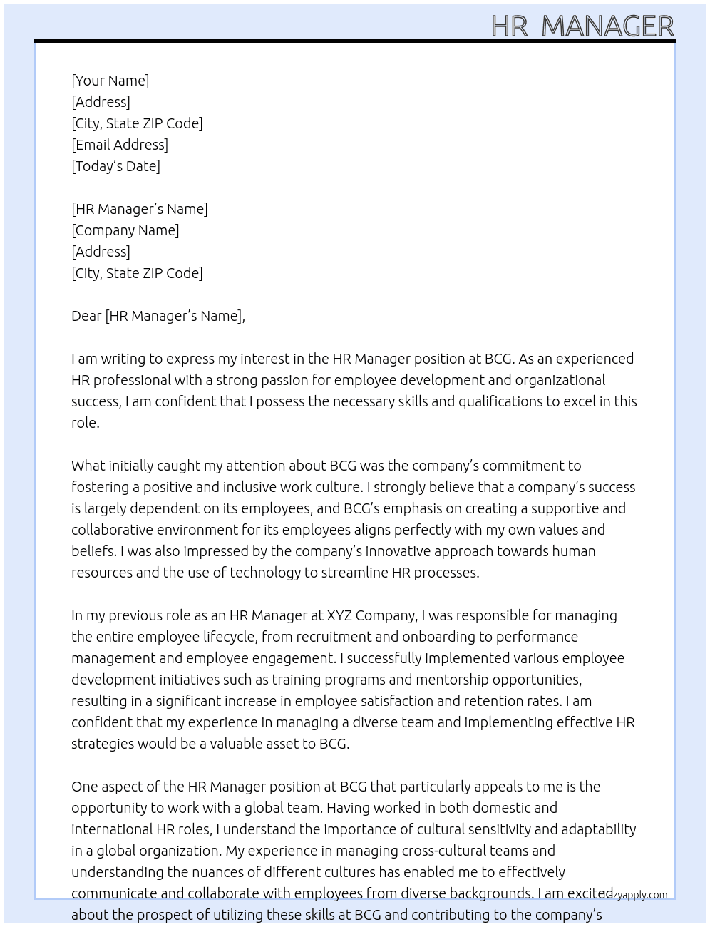 hr manager  At BCG Cover Letter