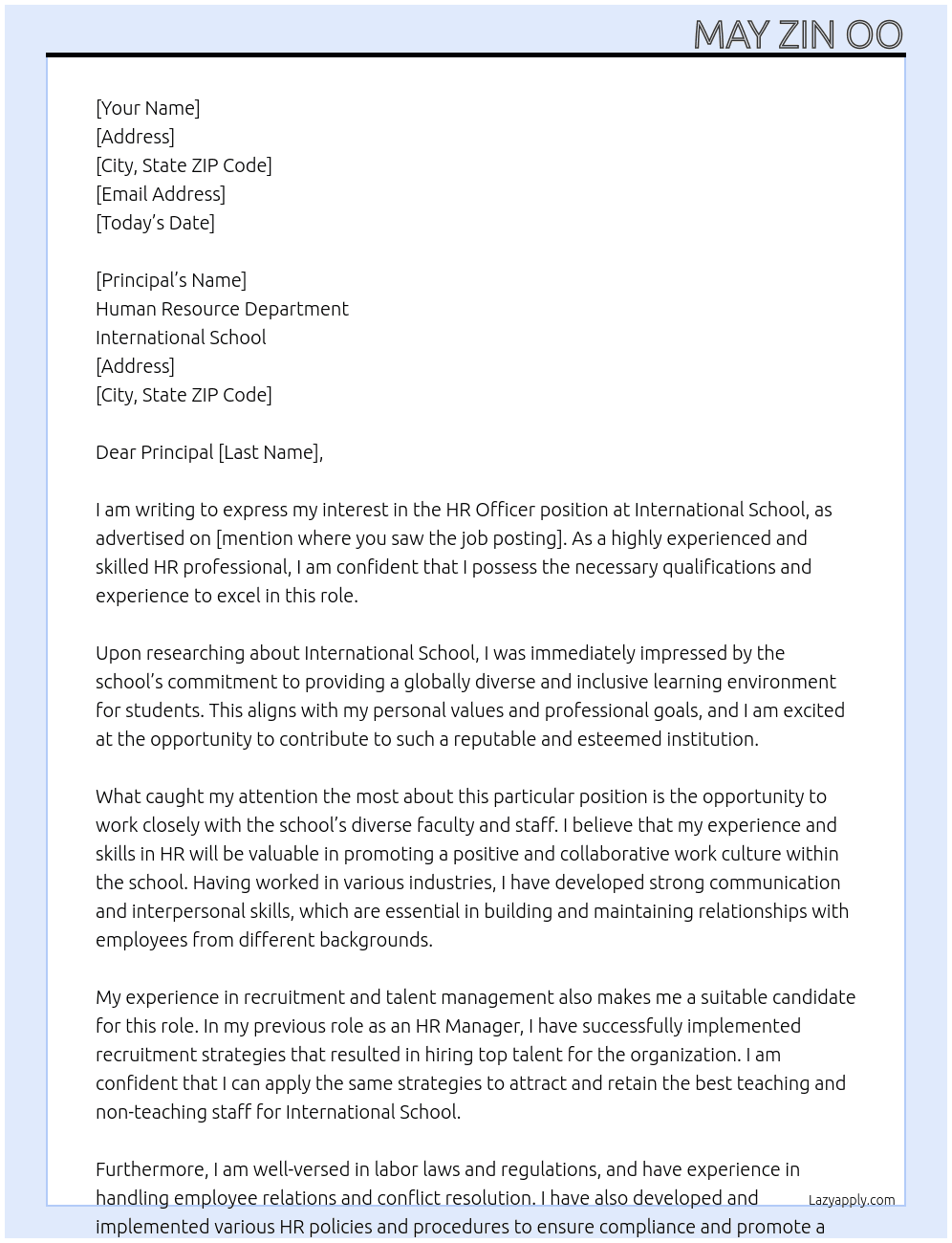 HR Officer At international school Cover Letter