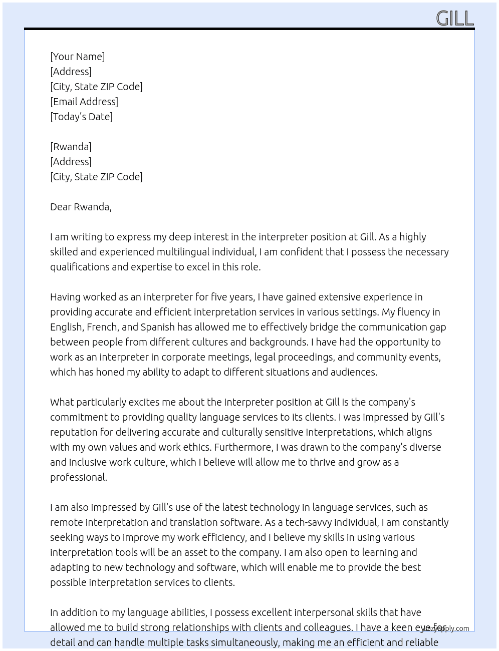 interpreter At gill Cover Letter