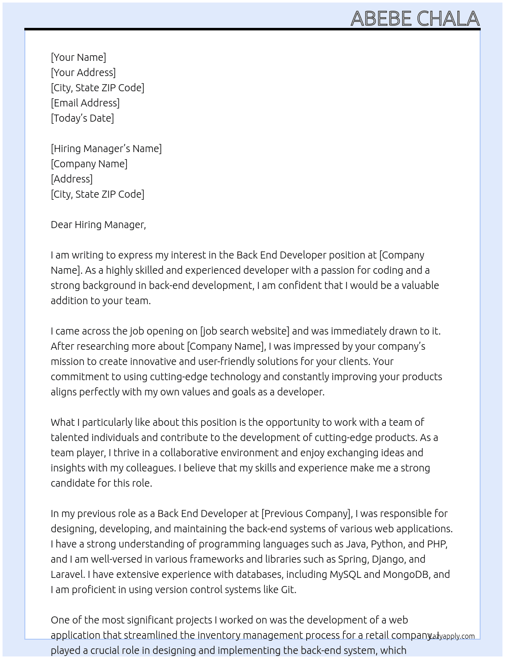 Back end developer At Not specified Cover Letter
