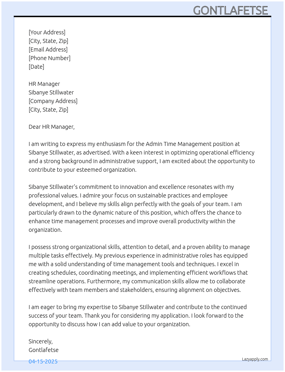 Cover letter for admin time management - LazyApply