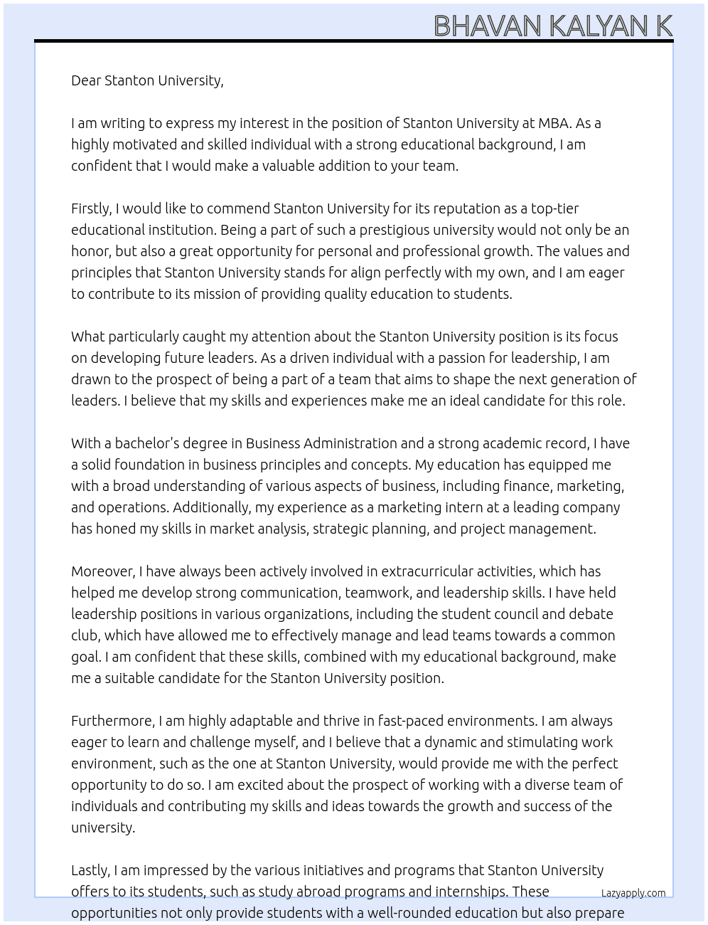 Stanton University At MBA Cover Letter