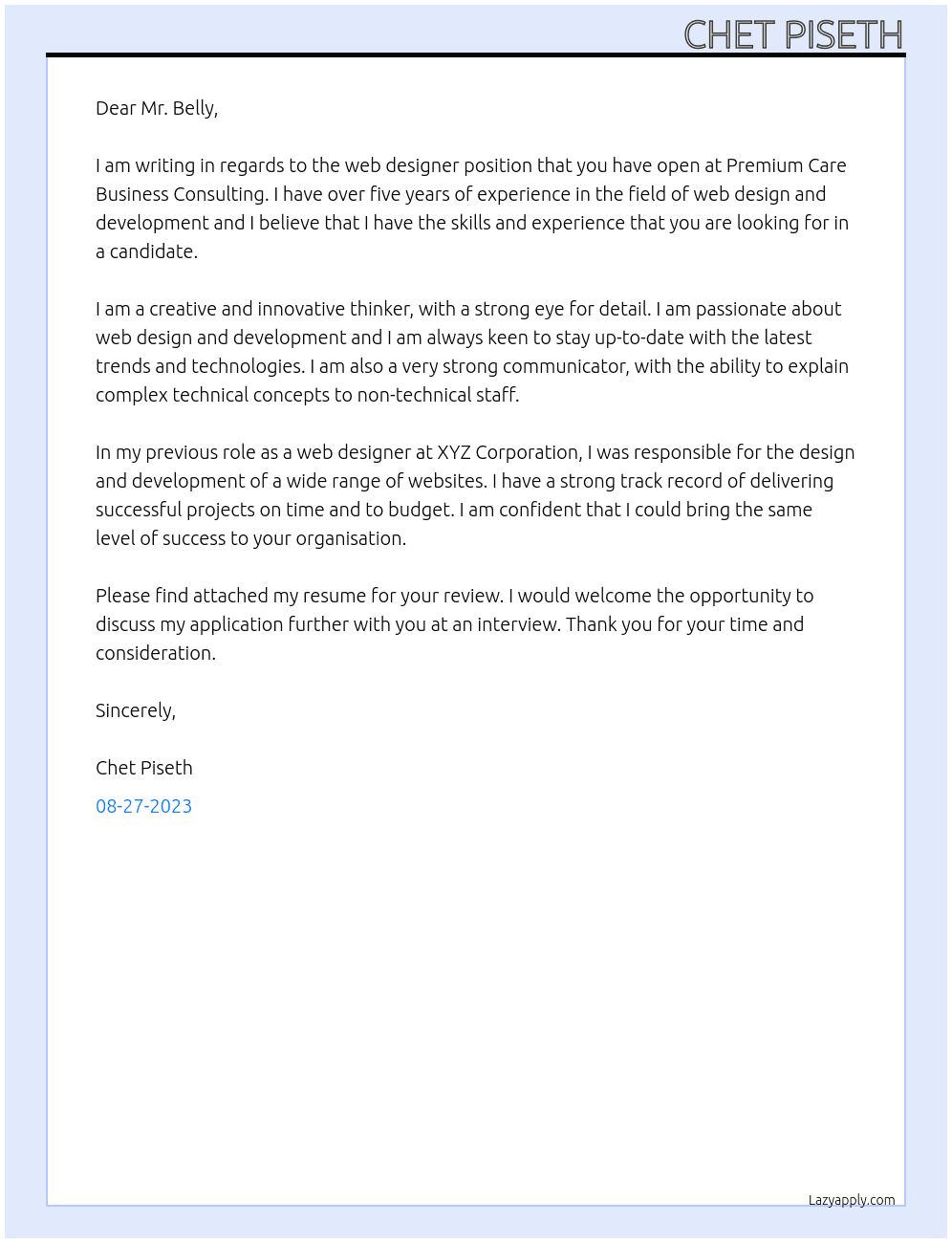 Web Designer At  Premium Care Business Consulting Cover Letter
