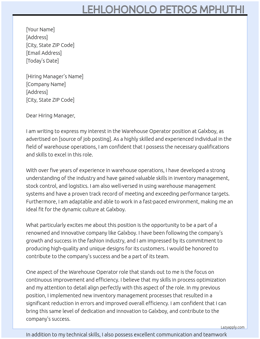 Warehouse Operator  At Galxboy  Cover Letter
