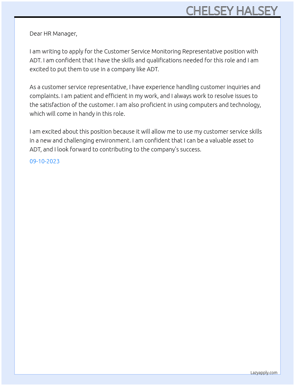 Customer Service Monitoring Representative  At ADT Cover Letter