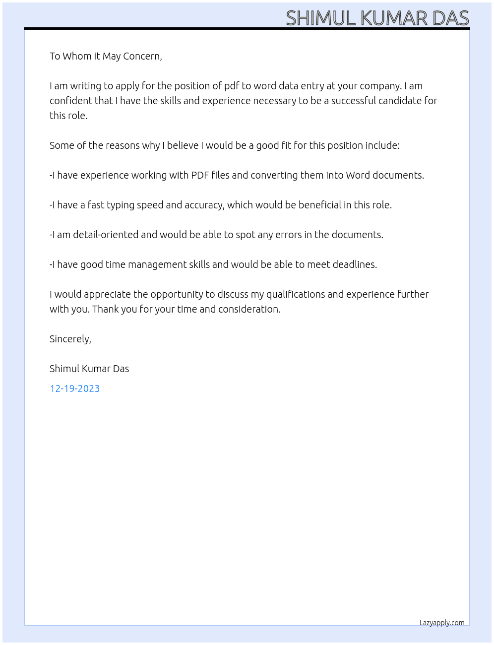 pdf to word data entry At shimul kumar das Cover Letter