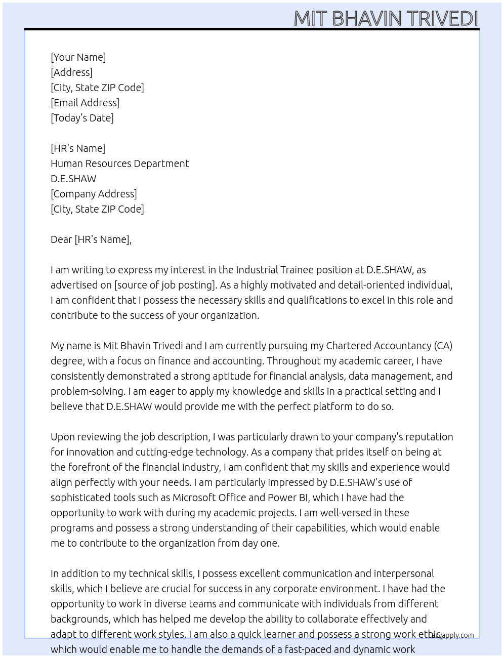 Industrial Trainee At D.E.SHAW Cover Letter