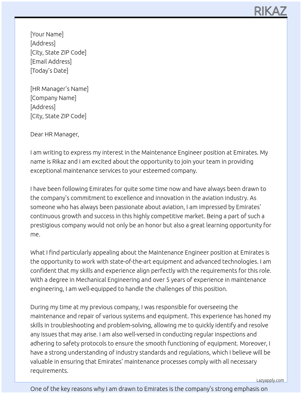 maintenance engineer At Emirates Cover Letter