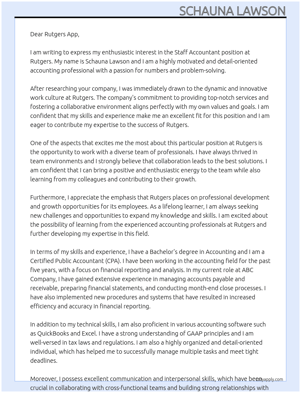 Staff accountant At Rutgers Cover Letter