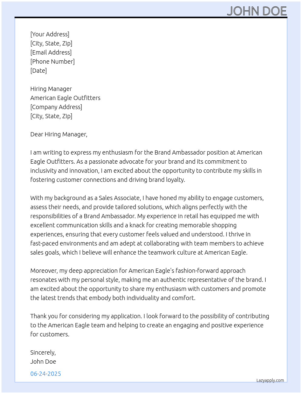 Brand Ambassador At American Eagle Outfitters Cover Letter