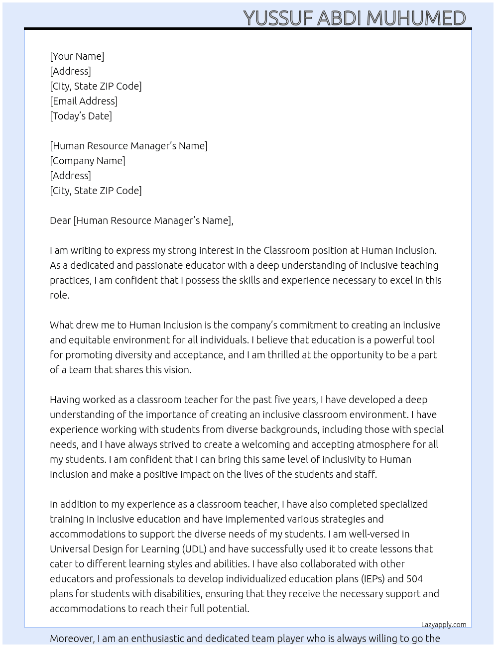 Classroom  At Human inclusion Cover Letter