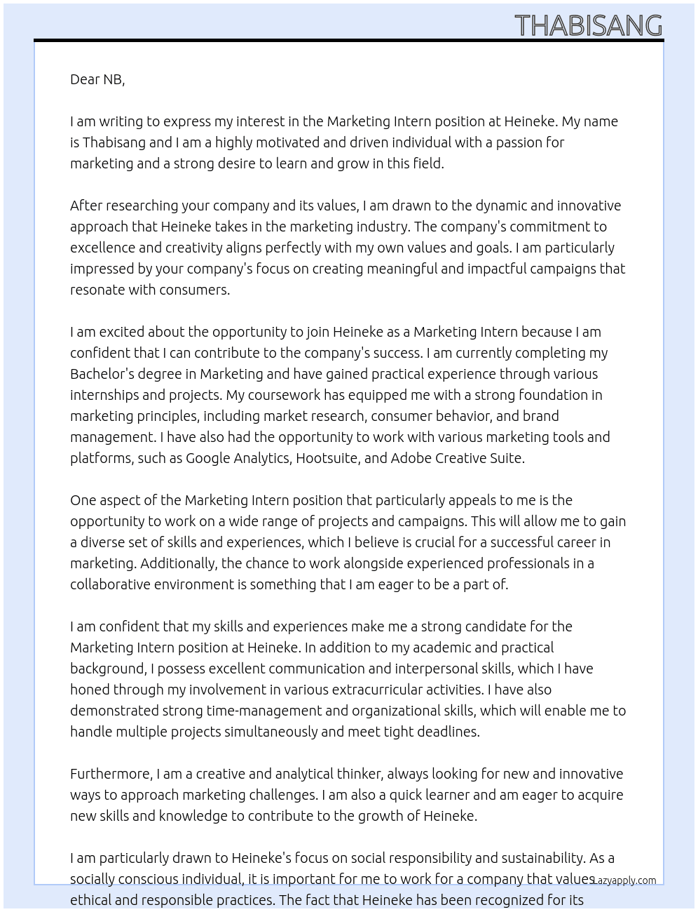 Marketing internb At Heineke Cover Letter